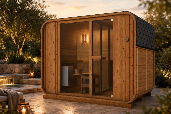 Външна сауна cube Термо Дървесина и Затъмнено Стъкло | passion spas cube 120 3 6 kw